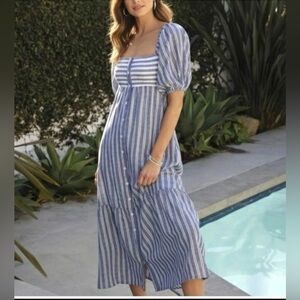 Emerson Fry x Love Tomas Striped Puff Sleeve Smocked Cotton Midi Dress Blue M/L
